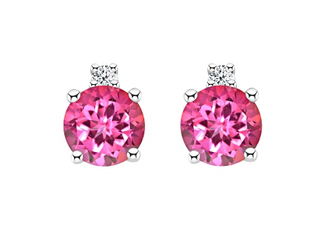 4mm Round Pink Topaz with Diamond Accents 14k White Gold Stud Earrings