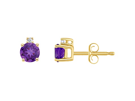 4mm Round Amethyst with Diamond Accents 14k Yellow Gold Stud Earrings