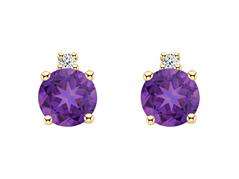 4mm Round Amethyst with Diamond Accents 14k Yellow Gold Stud Earrings