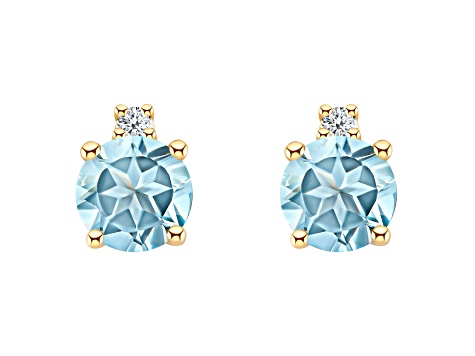 4mm Round Aquamarine with Diamond Accents 14k Yellow Gold Stud Earrings