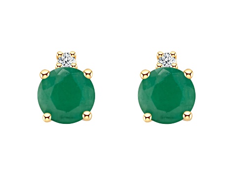 4mm Round Emerald with Diamond Accents 14k Yellow Gold Stud Earrings