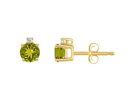 4mm Round Peridot with Diamond Accents 14k Yellow Gold Stud Earrings