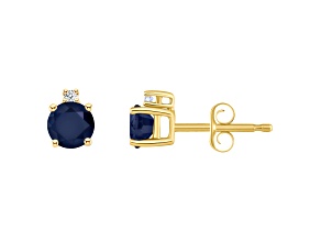 4mm Round Sapphire with Diamond Accents 14k Yellow Gold Stud Earrings