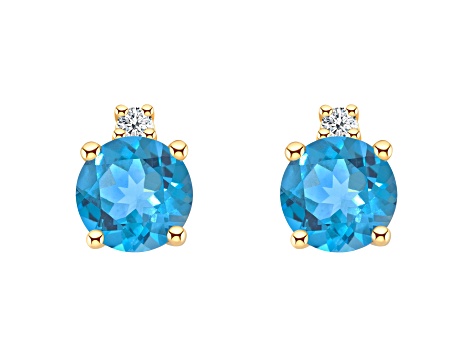 4mm Round Blue Topaz with Diamond Accents 14k Yellow Gold Stud Earrings