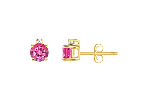 4mm Round Pink Topaz with Diamond Accents 14k Yellow Gold Stud Earrings