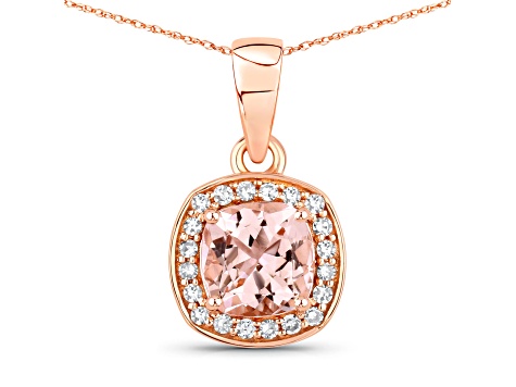 Peach Morganite Cushion and White Diamond 14K Rose Gold Halo Necklace