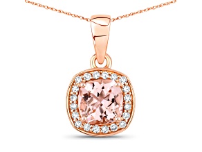 Peach Morganite Cushion and White Diamond 14K Rose Gold Halo Necklace
