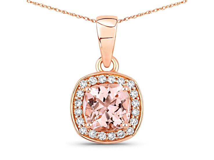 Peach Morganite Cushion and White Diamond 14K Rose Gold Halo Necklace