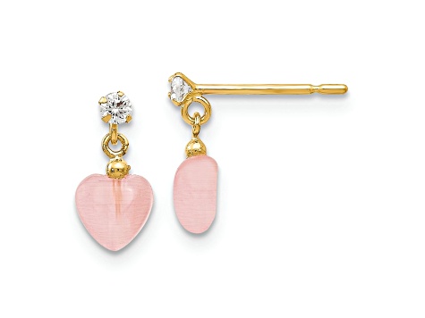 14k Yellow Gold Heart Shape Pink Opal Simulant and Cubic Zirconia Dangle Post Earrings