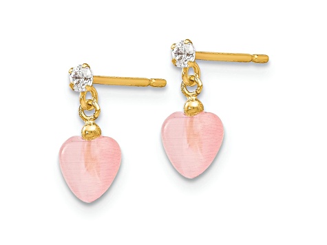 14k Yellow Gold Heart Shape Pink Opal Simulant and Cubic Zirconia Dangle Post Earrings