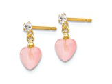 14k Yellow Gold Heart Shape Pink Opal Simulant and Cubic Zirconia Dangle Post Earrings