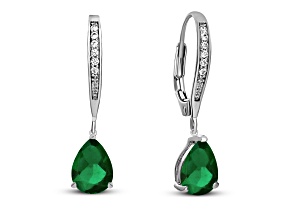 Emerald Green Color Cubic Zirconia, Rhodium Plated over Sterling Silver Teardrop Earrings
