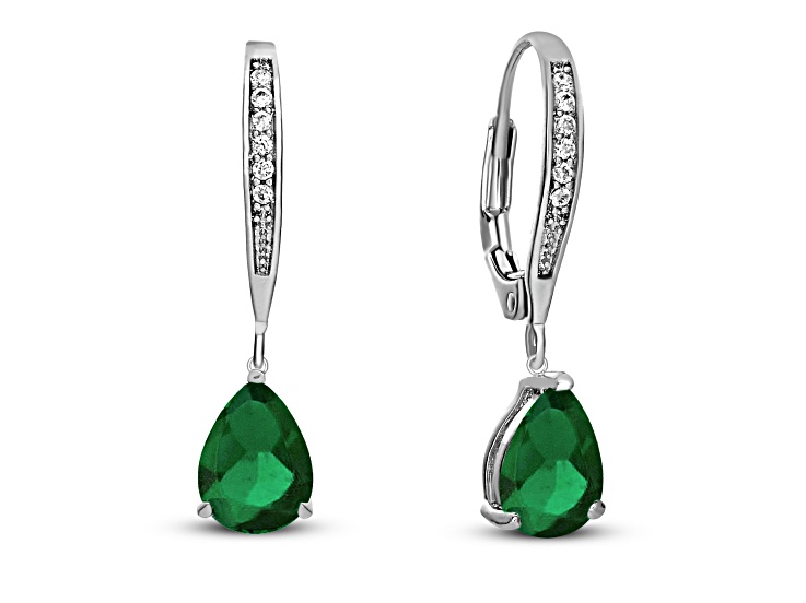 Emerald Green Color Cubic Zirconia, Rhodium Plated over Sterling Silver Teardrop Earrings