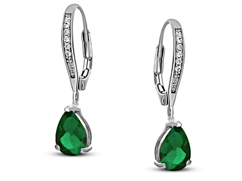 Rhodium Plated over Sterling Silver with Emerald Green Color Cubic Zirconia Teardrop Earrings