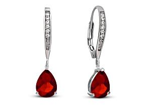 Rhodium Plated over Sterling Silver with Ruby Red Color Cubic Zirconia Teardrop Earrings