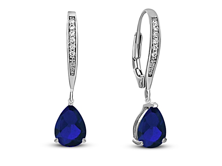 Sapphire Blue Color Cubic Zirconia, Rhodium Plated over Sterling Silver Teardrop Earrings