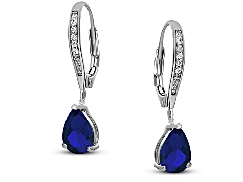 Rhodium Plated over Sterling Silver with Sapphire Blue Color Cubic Zirconia Teardrop Earrings