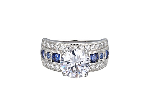 Blue And White Cubic Zirconia Platinum Over Silver Ring 6.21ctw