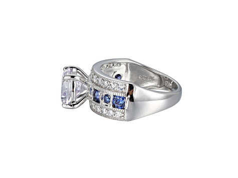 Blue And White Cubic Zirconia Platinum Over Silver Ring 6.21ctw