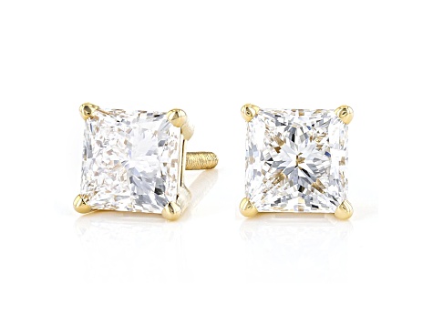 Certified Princess Cut White Lab-Grown Diamond E-F SI 18k Yellow Gold Stud Earrings 2.00ctw