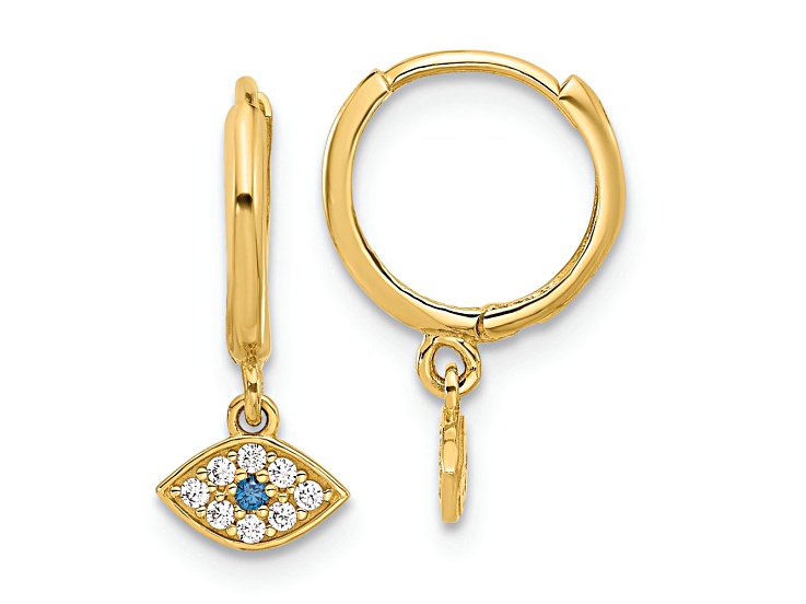 10k Yellow Gold 5/8" Polished Clear and Blue Cubic Zirconia Dangle Evil Eye Hinged Hoop Earrings