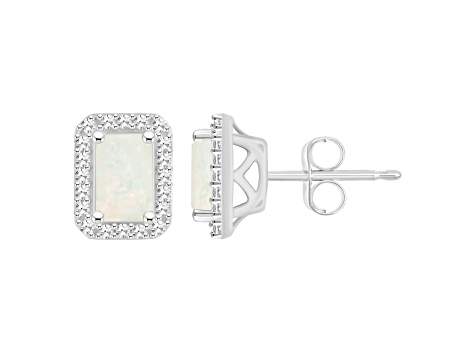 6x4mm Emerald Cut Opal 1/5 ctw Diamond Rhodium Over Sterling Silver Halo Stud Earrings