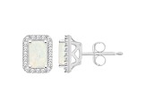 6x4mm Emerald Cut Opal 1/5 ctw Diamond Rhodium Over Sterling Silver Halo Stud Earrings