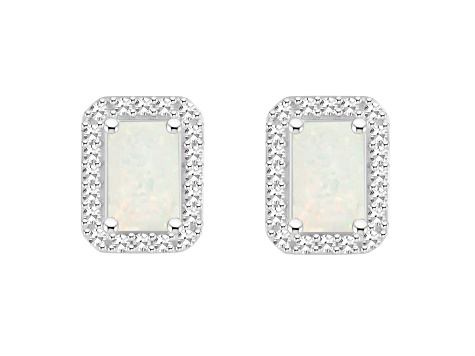 6x4mm Emerald Cut Opal 1/5 ctw Diamond Rhodium Over Sterling Silver Halo Stud Earrings