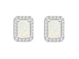 6x4mm Emerald Cut Opal 1/5 ctw Diamond Rhodium Over Sterling Silver Halo Stud Earrings