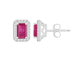 6x4mm Emerald Cut Ruby 1/5 ctw Diamond Rhodium Over Sterling Silver Halo Stud Earrings