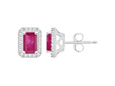 6x4mm Emerald Cut Ruby 1/5 ctw Diamond Rhodium Over Sterling Silver Halo Stud Earrings