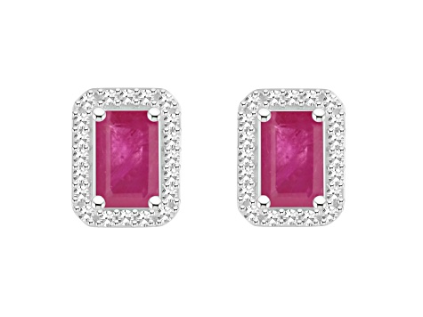 6x4mm Emerald Cut Ruby 1/5 ctw Diamond Rhodium Over Sterling Silver Halo Stud Earrings