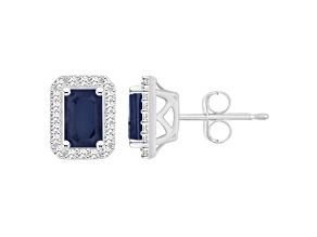 6x4mm Emerald Cut Sapphire 1/5 ctw Diamond Rhodium Over Sterling Silver Halo Stud Earrings