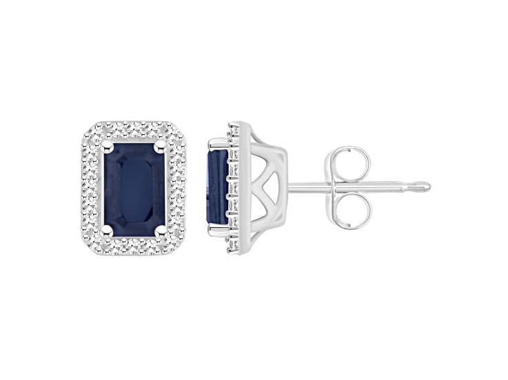 6x4mm Emerald Cut Sapphire 1/5 ctw Diamond Rhodium Over Sterling Silver Halo Stud Earrings
