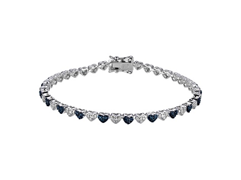 Blue and White Diamond Rhodium Over Sterling Silver Heart Tennis Bracelet 0.10ctw