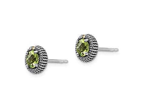 Sterling Silver Antiqued with 14K Accent Peridot Post Earrings