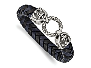 Black and Blue Leather and Stainless Steel Antiqued and Polished 8.25-inch Bracelet