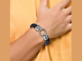 Black and Blue Leather and Stainless Steel Antiqued and Polished 8.25-inch Bracelet