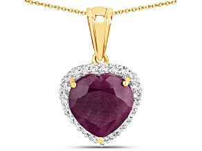 Red Ruby Heart 18K Yellow Gold Over Sterling Silver Halo Necklace 7.11ctw