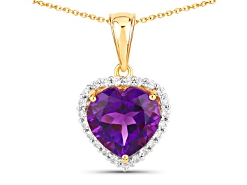 Picture of Purple Amethyst 18K Yellow Gold Over Sterling Silver Heart Halo Necklace 4.76ctw