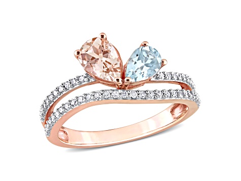 1.39ctw Morganite, Aquamarine And Diamond 10k Rose Gold 2-Stone Ring