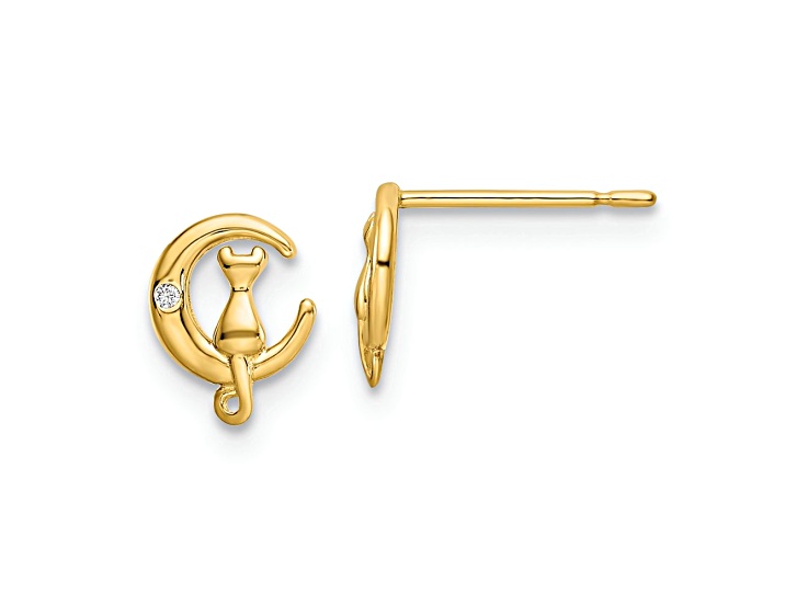 14k Yellow Gold Cubic Zirconia Cat on the Moon Stud Earrings