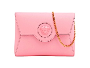 Versace La Medusa Pink Pebbled Calf Leather Mini Envelope Crossbody Clutch Bag