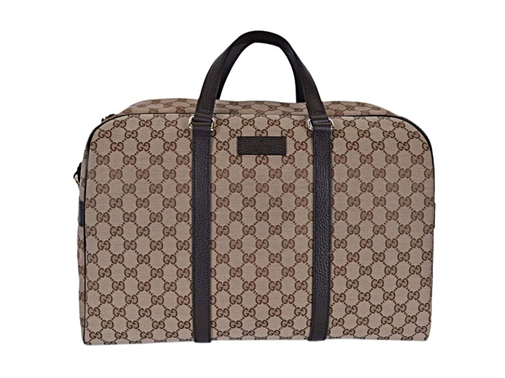 Gucci Large GG Logo Beige Canvas Brown Leather Strap Duffle