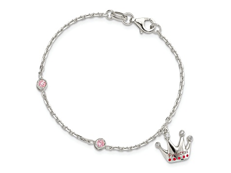Sterling Silver Pink Cubic Zirconia and Enameled Princess Crown Children's Bracelet