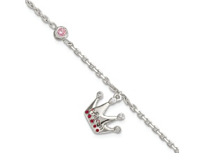 Sterling Silver Pink Cubic Zirconia and Enameled Princess Crown Children's Bracelet