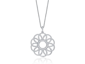 Rhodium Plated over Sterling Silver with Clear Cubic Zirconia Floral Shaped Pendant Necklace