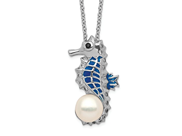 Rhodium Over Sterling Silver Cubic Zirconia Freshwater Pearl Enamel Seahorse Necklace