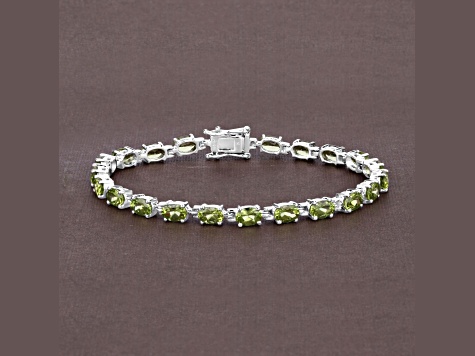 Green Peridot Rhodium Over Sterling Silver Oval Tennis Bracelet 8.61ctw