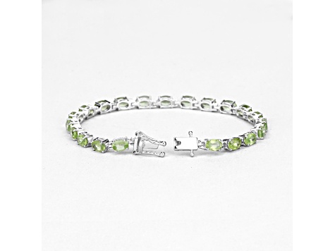 Green Peridot Rhodium Over Sterling Silver Oval Tennis Bracelet 8.61ctw